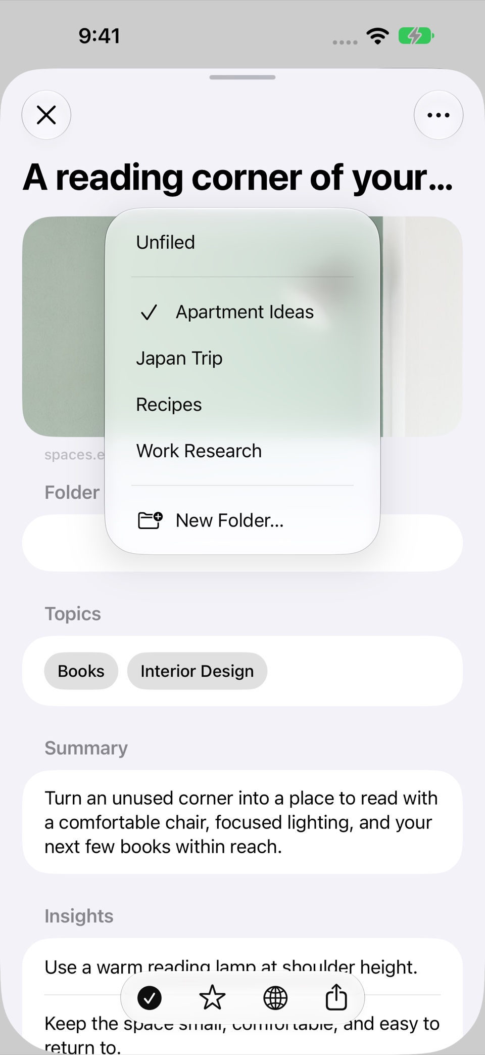 Recall’s folder menu for a saved reading-corner article, with Apartment Ideas, Japan Trip, Recipes, and Work Research folders.