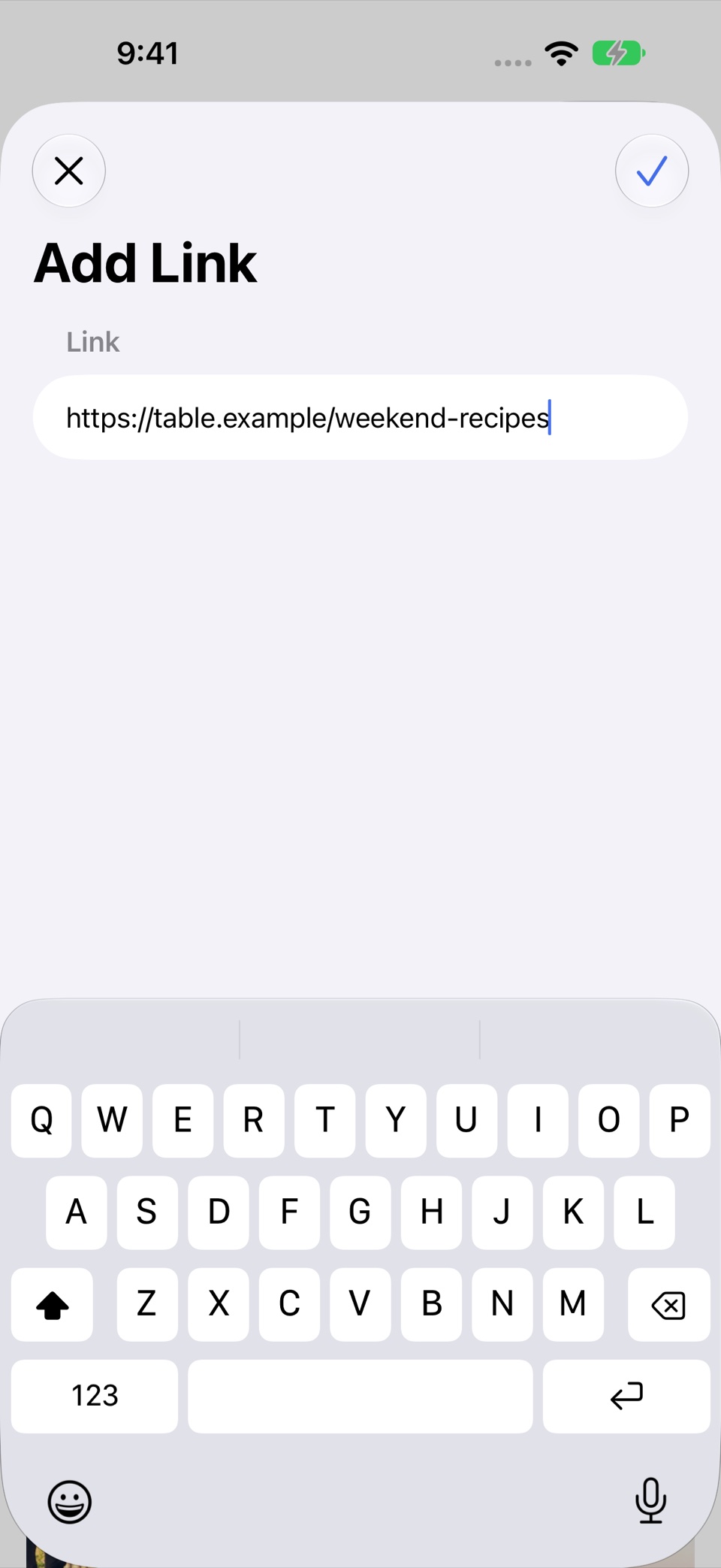The Add Link form in Recall on iPhone with a recipe URL entered and the save checkmark enabled.