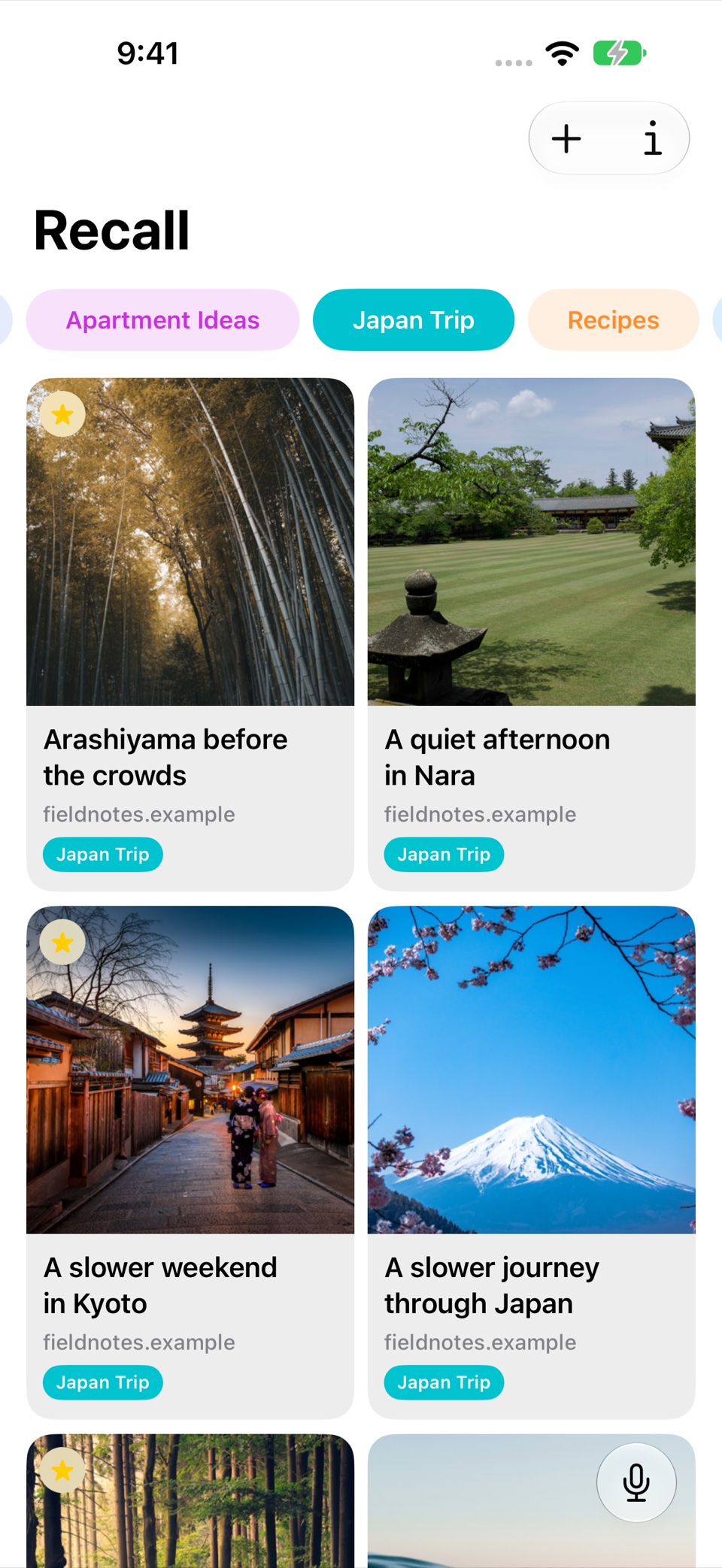 The Japan Trip folder in Recall, containing saved articles about Arashiyama, Nara, Kyoto, and traveling through Japan.