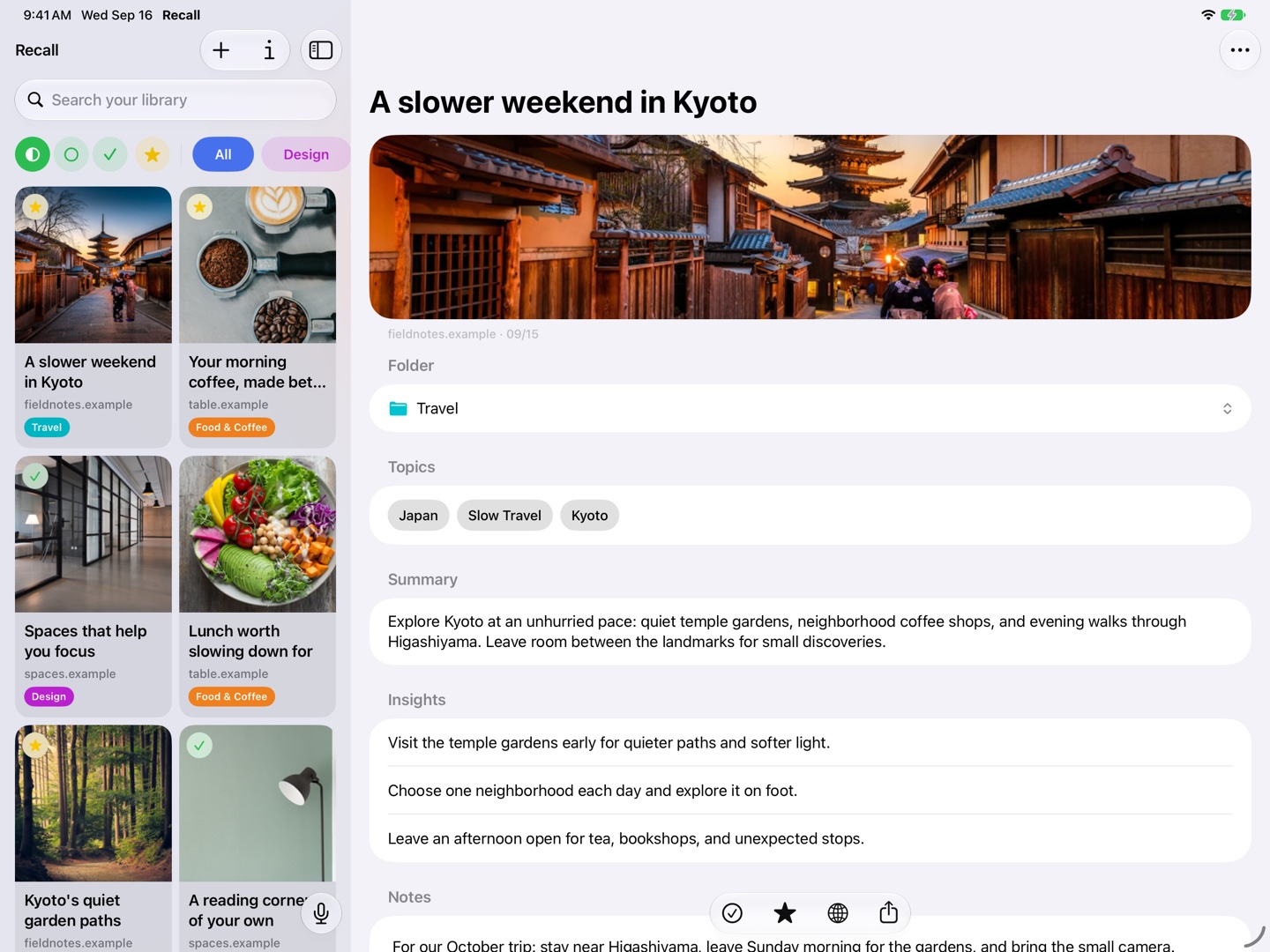 Recall on iPad displaying a saved-link library and selected article side by side.