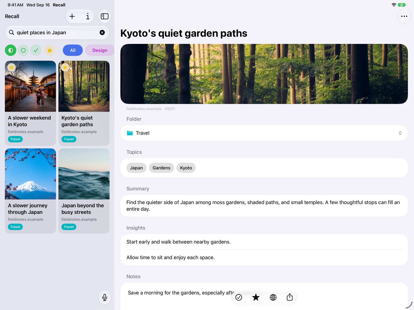 Recall iPad search with Japan travel results and a selected garden article.