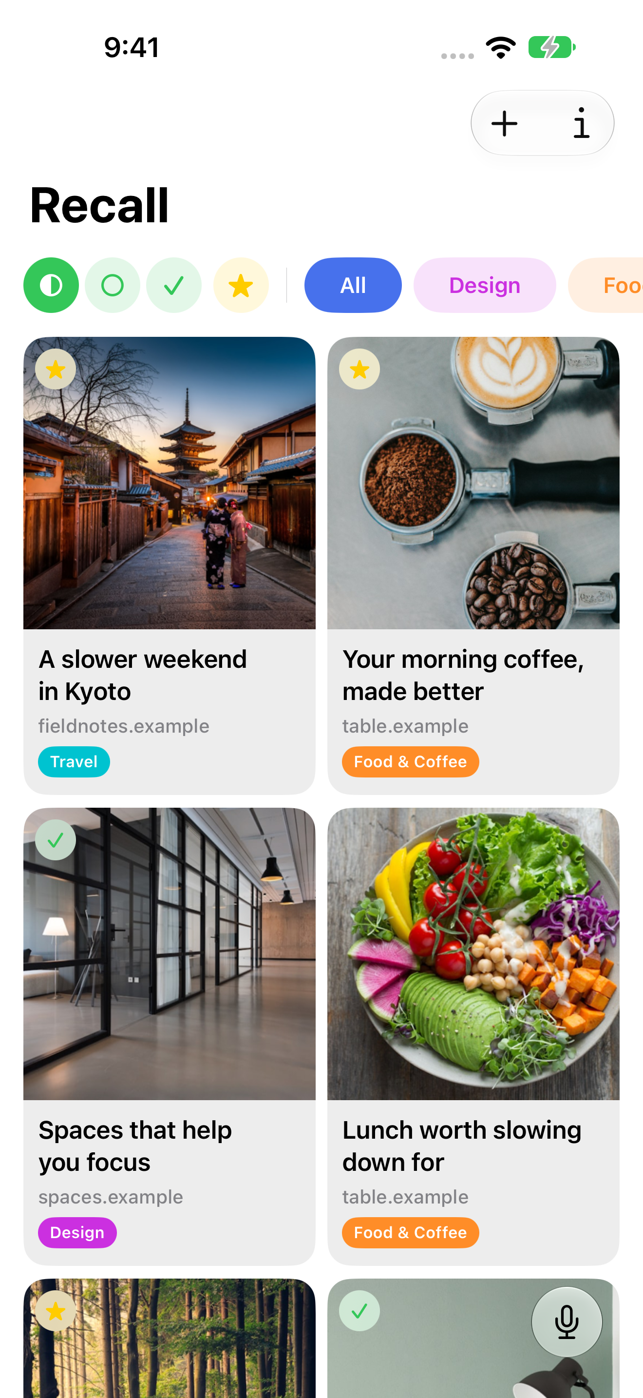 Recall’s visual library with saved travel, coffee, design, and food links.