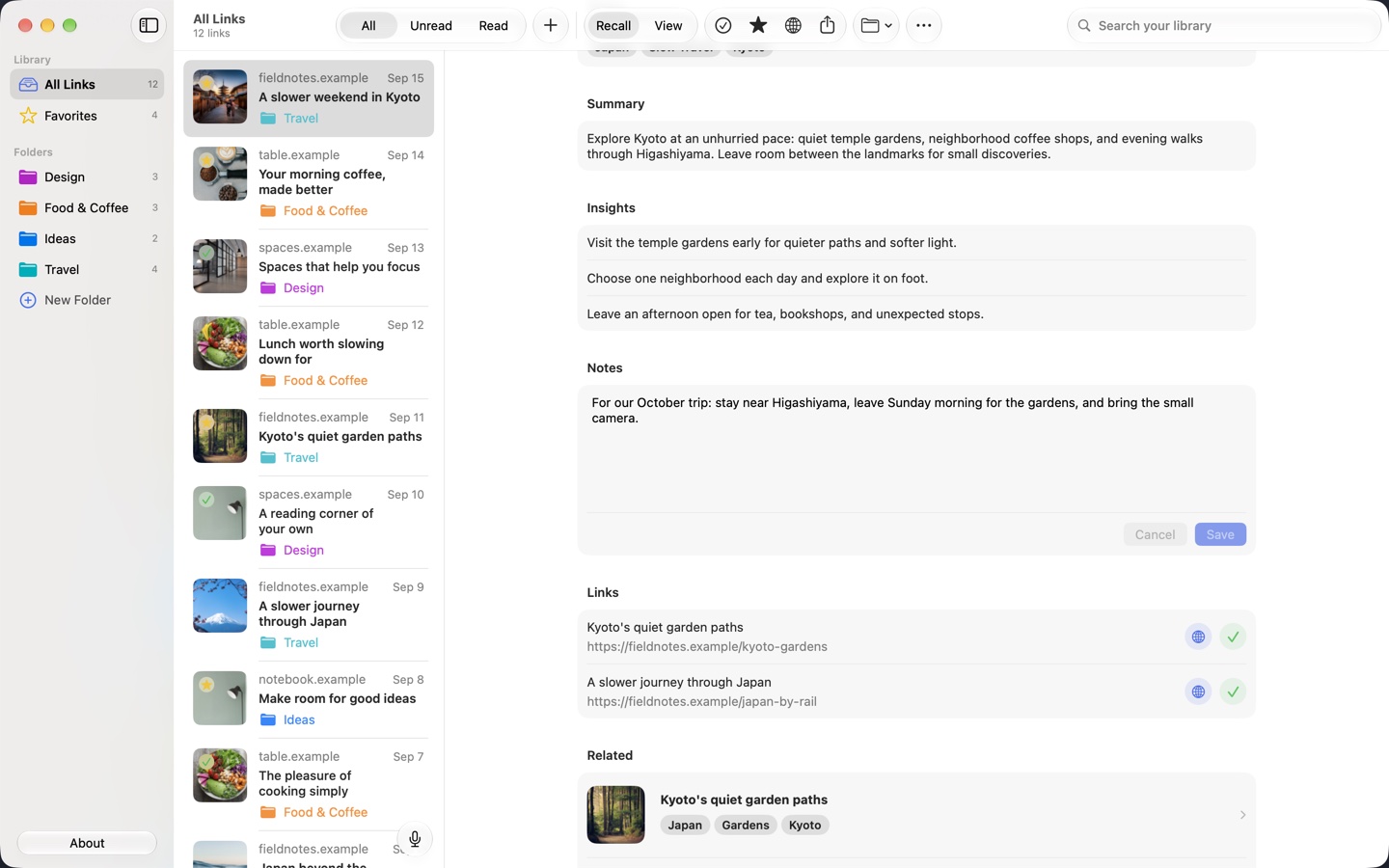 Recall on Mac displaying a saved article beside the link library.