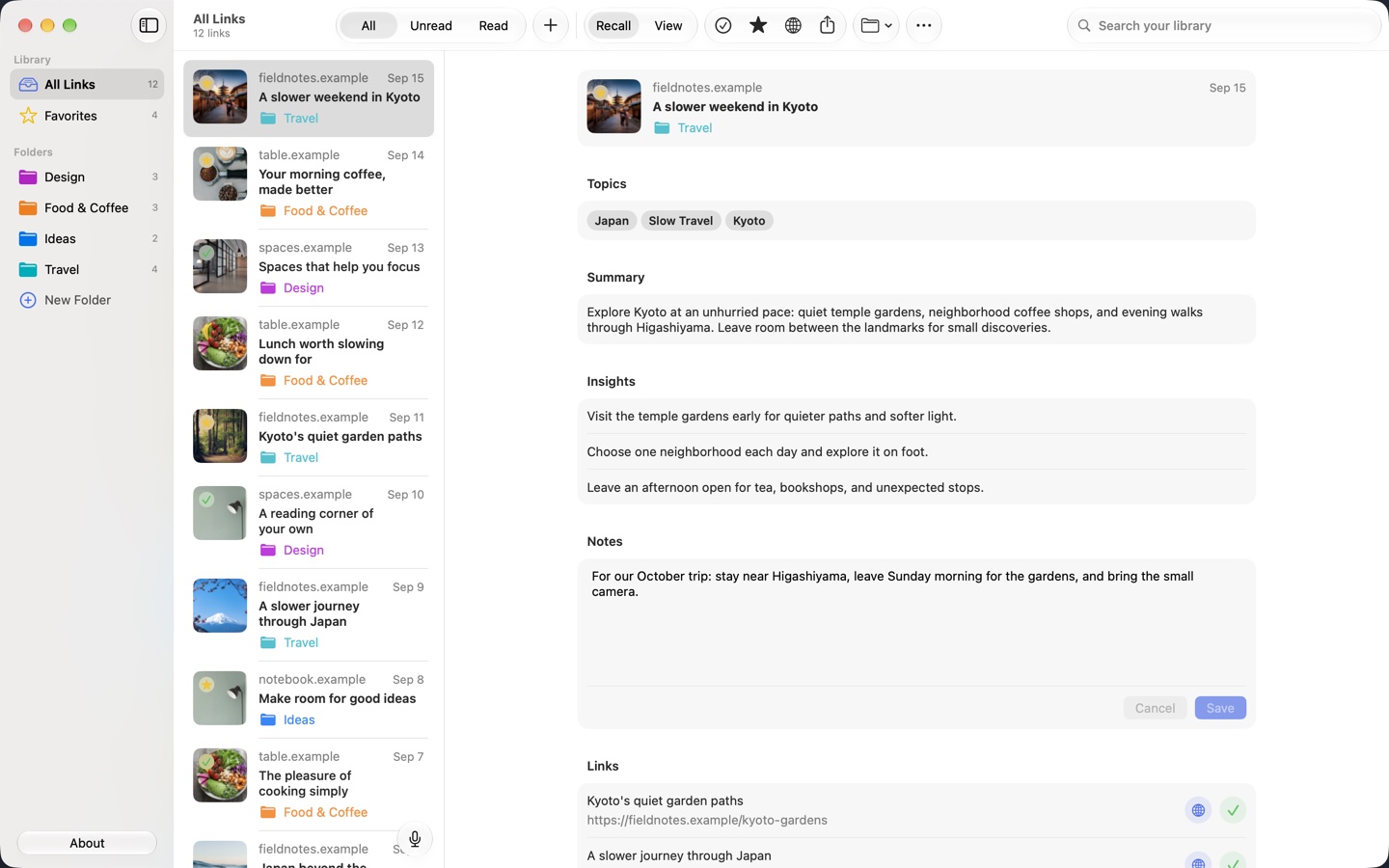 Recall Mac app with a sidebar, saved-link list, and selected article in the detail pane.