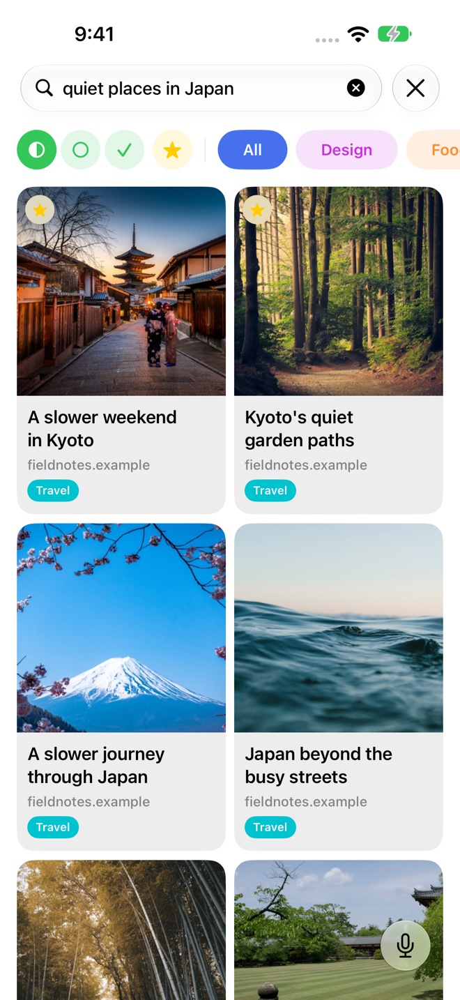 Recall search results for quiet places in Japan, including Kyoto gardens and other Japan travel articles.